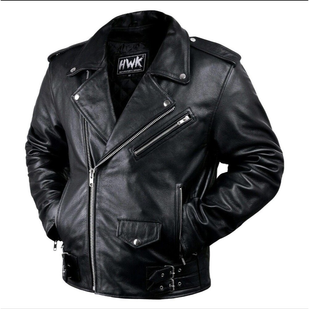 HWK Motorsports Men Black‎ Leather Motorcycle Biker Jacket Large Asymmetric Zip